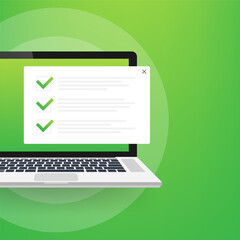 Poster - Checklist browser window. Check mark. White tick on laptop screen. Choice, survey concepts. Vector stock illustration.