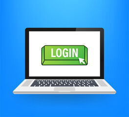 Poster - Login button laptop on blue background. Website template design. Click button. Vector stock illustration.
