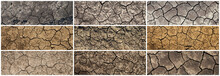 Cracked Dried Soil Texture Set. Collection Of Panoramic Backgrounds. Dry Ground With Cracks. Brown Rough Surface Of The Soil During Summer Drought. Ecology, Climate Change And Global Warming On Earth.