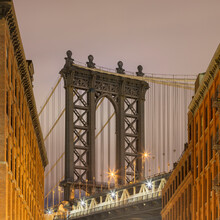 USA, New York, New York City, Manhattan Bridge Illuminated At Dusk