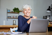 Smiling Active Senior Using Laptop While Sitting At Home