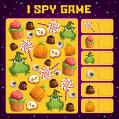 Aufkleber - Halloween I spy game vector template of kids education and counting activity design. Find and count puzzle with trick or treat candies, chocolate and lollipops, cakes, cookies and cupcakes