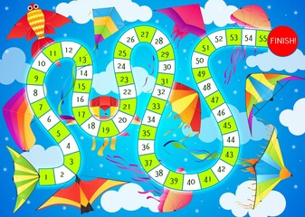 Aufkleber - Start to finish children board game vector template with cartoon kites and route map with numbered steps on blue sky background. Kids maze or puzzle boardgame with colorful paper toys