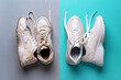 Pair of old dirty white sneakers on a gray background and pair of new white sneakers on a marin blue background. Comfortable chunky sole shoes for active lifestyle, fitness and sports.