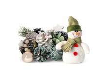 Cute Snowman And Christmas Decoration On White Background