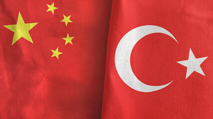 Sticker - Turkey and China two flags textile cloth 3D rendering