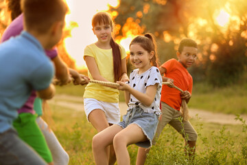 Wall Mural - Cute little children playing tug of war game outdoors at sunset