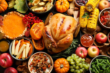 Canvas Print - Traditional Thanksgiving day feast with delicious cooked turkey and other seasonal dishes as background, top view