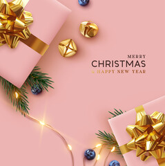 Merry Christmas and Happy New Year. Background Xmas design realistic gifts box, festive decorative objects. flat lay top view. Christmas poster, holiday banner, flyer, stylish brochure, greeting card