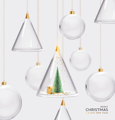 Merry christmas and Happy New Year. Balls hanging ribbon. Glass and cone christmas baubles hang on gold chain. Xmas background. Holiday decoraiton objects. vector illustration