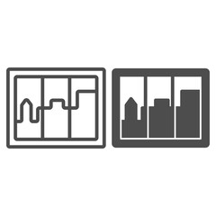 Poster - City landscape in window line and solid icon, interior design concept, casement sign on white background, window overlooking houses icon in outline style for mobile concept. Vector graphics.