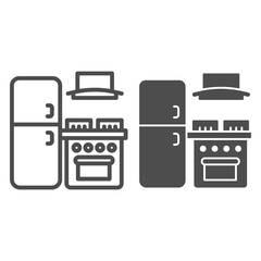 Poster - Refrigerator and stove with hood line and solid icon, interior design concept, kitchen furniture sign on white background, fridge and oven with hood icon in outline style. Vector graphics.