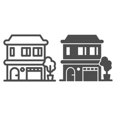 Poster - Facade of two storey house and tree line and solid icon, exterior design concept, modern cottage sign on white background, villa icon in outline style for mobile concept. Vector graphics.