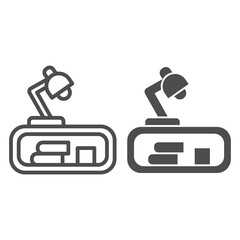 Poster - Cupboard with books and table lamp line and solid icon, interior design concept, furniture sign on white background, bedside table with books and lamp icon in outline style. Vector graphics.