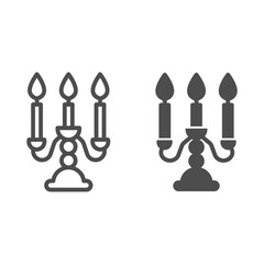Poster - Antique candlestick with burning candles line and solid icon, room decor concept, candelabrum sign on white background, rarity candlestick icon in outline style for mobile concept. Vector graphics.