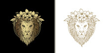 Lion Head Ornament. Lion Head With Abstract Hand Drawn Style Ornament Of Flowers And Plants