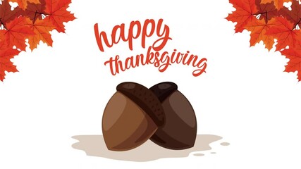 Poster - happy thanksgiving day animation lettering with nuts and leafs