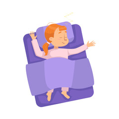 Sticker - Cute Little Girl Sleeping Sweetly in her Bed under Blanket, View from Above, Bedtime, Sweet Dreams of Adorable Kid Concept Cartoon Style Vector Illustration