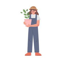 Sticker - Woman Farmer Holding Plant in Pot, Female Agricultural Worker Gardener Character in Overalls Growing Plants Cartoon Style Vector Illustration