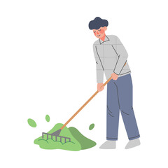 Wall Mural - Man Farmer Using Rake, Male Agricultural Worker Gardener Character in Overalls Working on Farm, Eco Farming Concept Cartoon Style Vector Illustration