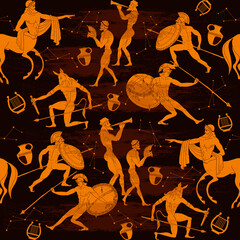 Ancient Greece, seamless pattern. Greek mythology. Centaur, people, gods of an Olympus. Vase painting. Red figure style