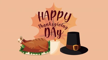 Wall Mural - happy thanksgiving day animation lettering with dinner and pilgrim