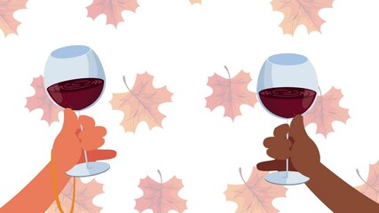 Poster - happy thanksgiving day animation with maple leafs pattern and hands toasting