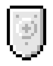 Pixel Art Design Of A Shield Icon. Abstract Shield Icon In Pixel Style Isolated. Game Element Weapon Pixel Art Old School Computer Grafic Style. Silver Shield With A Cross To Protect The Warrior
