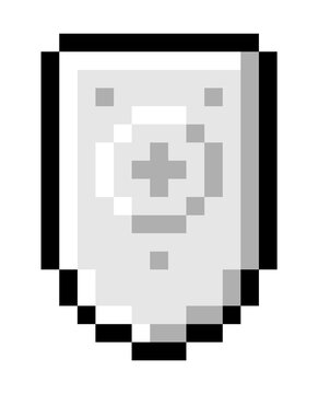 Pixel art design of a shield icon. Abstract shield icon in pixel style isolated. Game element weapon pixel art old school computer grafic style. Silver shield with a cross to protect the warrior