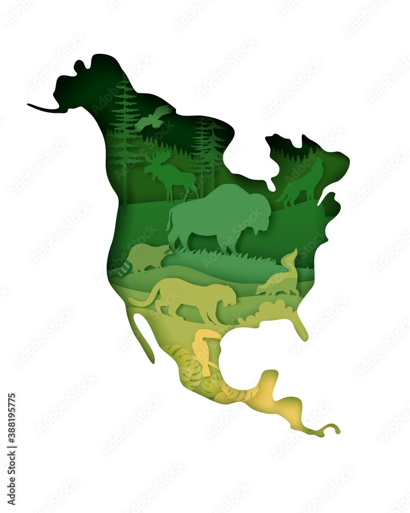 Wildlife of North America, world continent. Vector illustration in paper art style. Mainland North America map with nature, bison, moose raccoon, striped skunk, coyote jaguar wild animals silhouettes. - obrazy, fototapety, plakaty 