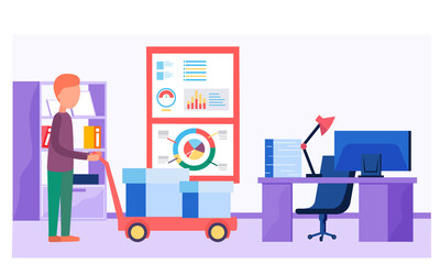 Poster - Information about the metrics. Working and analyzing financial statistics. Guy transports boxes to offices. Loader with wheelbarrow. Working day for an employee of a shipping company. Data analysis