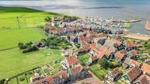 Aerial Drone View Of Marken Island, Traditional Fisherman Village From Above, Typical Dutch Landscape, North Holland, Netherlands
