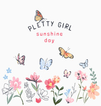 Colorful Flowers And Butterfly Illustration For Girl Fashion Print