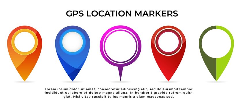A set of 5 GPS navigation location marker pin icon of different designs and color scheme isolated on white background. Vector illustration