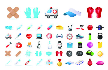 Poster - Set of 50 Realistic High Quality Colorful Medical & Fitness Icons on White Background . Isolated Vector Elements