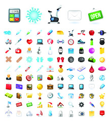 Poster - Set of 100 Realistic High Quality Colorful Business Technological Fitness and Medical Icons on White Background . Isolated Vector Elements