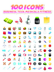 Poster - Set of 100 Realistic High Quality Colorful Business Technological Fitness and Medical Icons on White Background . Isolated Vector Elements