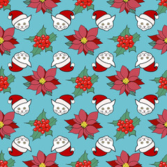 Wall Mural - Cute Christmas seamless pattern with kitty and Santa hat, poinsettia and holly plants