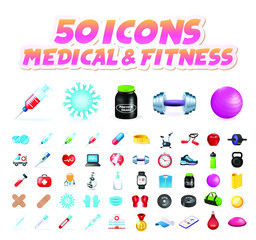Poster - Set of 50 Realistic High Quality Colorful Medical & Fitness Icons on White Background . Isolated Vector Elements