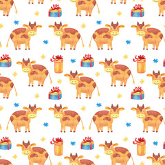  Watercolor seamless pattern with little cute bulls, snowflakes and gift boxes. White background. Great for fabrics, wrapping papers. Chinese new year of the ox.
