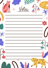 Poster - Childish notebook or planner page decorated with cute flowers, animals and abstract shapes. Modern blank to do list, notes sheet template. Flat vector cartoon illustration on white background.