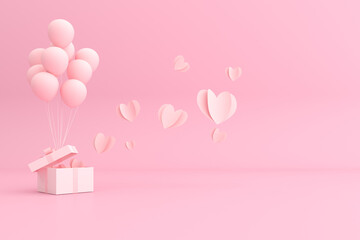 Poster - 3D rendering of gift box with balloons and paper hearts.
