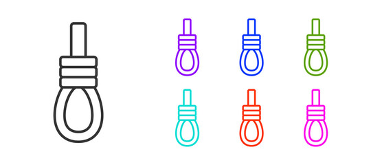 Sticker - Black line Gallows rope loop hanging icon isolated on white background. Rope tied into noose. Suicide, hanging or lynching. Set icons colorful. Vector.