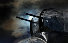 Nose Gun Turret On British Avro Lancaster Bomber Of World War Two With Added Sky.
