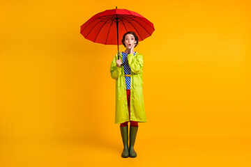 Canvas Print - Full length photo portrait of surprised girl touching face cheek with one hand under umbrella isolated on vivid yellow colored background