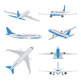 Fototapeta Dinusie - Passenger aircraft in different views. Set of airplane in flat style