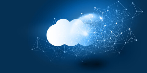 Poster - Cloud Computing Design Concept - Digital Connections, Technology Background with Globe and Geometric Network Mesh