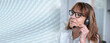 Female helpline operator in headset; panoramic banner