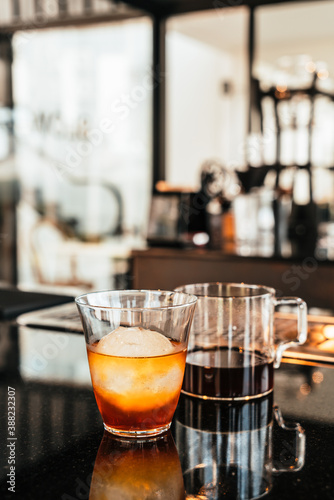 cold drip coffee in glass with ice ball