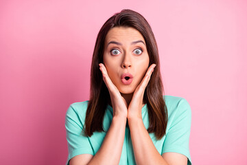 Canvas Print - Portrait photo of shocked stressed pretty girl touching cheekbones staring with opened mouth isolated on pastel pink color background